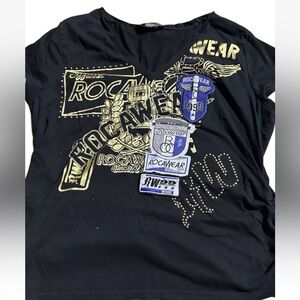 Vintage Womens Roca Wear Y2K Top Bedazzled Black Gold Shirt Sz L